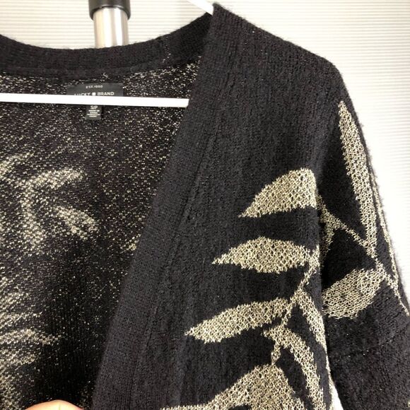 Lucky BRAND Wool Blend Black Open Cardigan Metallic Gold Leaf Motif Sz S - Picture 5 of 10